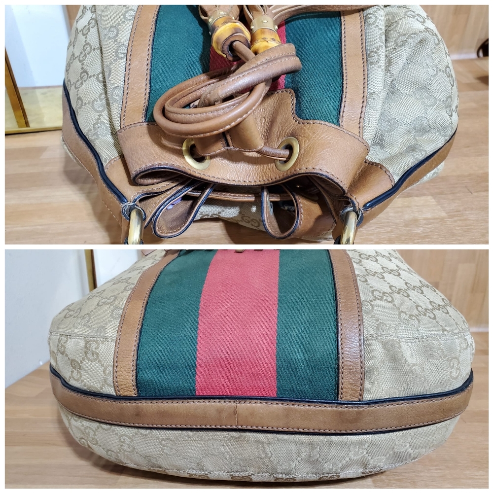 GUCCI Monogram Web Rania Drawstring Shoulder Bag Sand - Picture 8 of 12